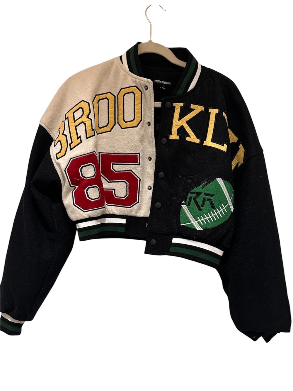 Embroidered Cropped Varsity Jacket - Black & Cream with Red Number Size S